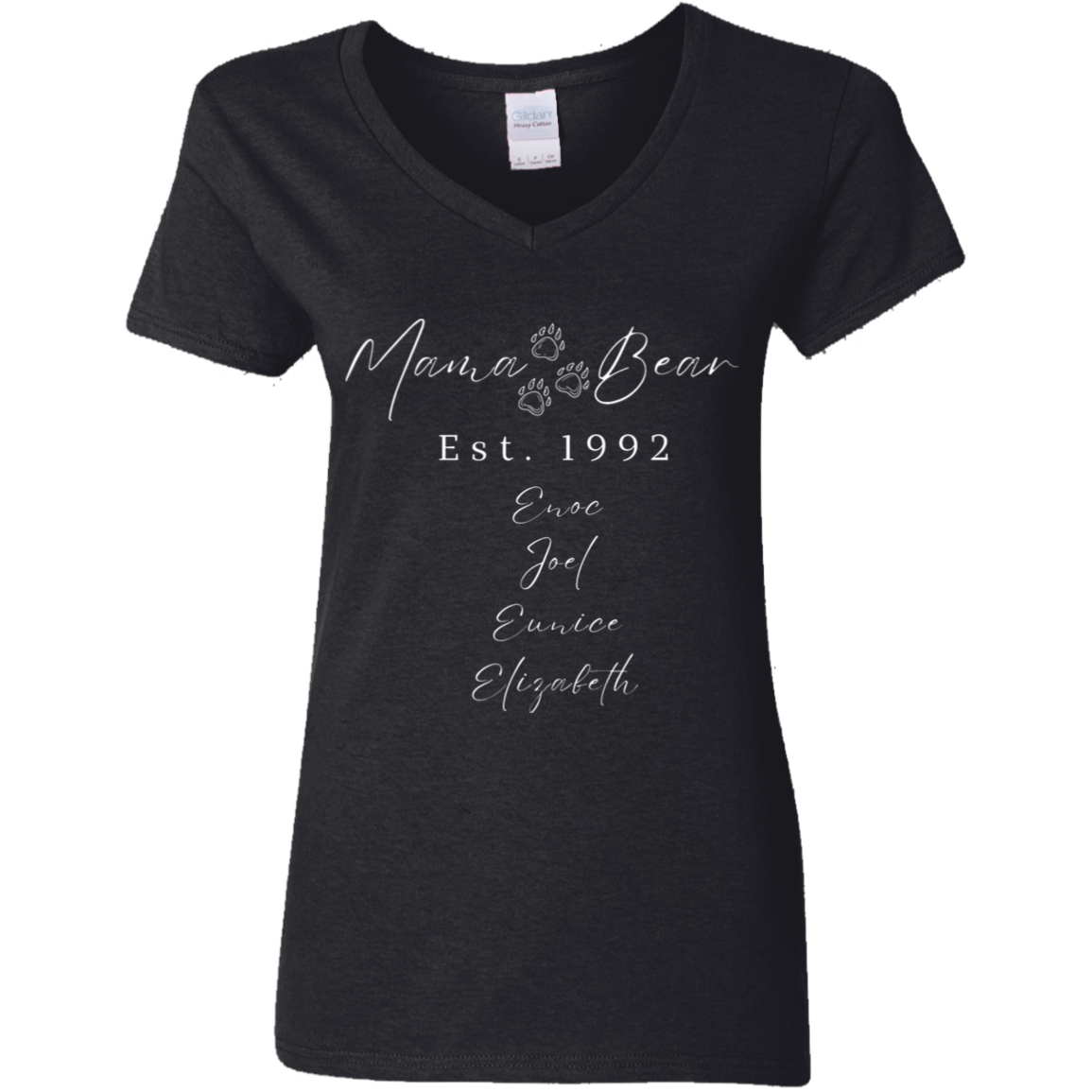 Mommy Mothers Day Shirt Personalized Mama Bear V-Neck Shirt- Mama Est. with Kids Name, Unforgettable (Perfect Mother's Day Gift)