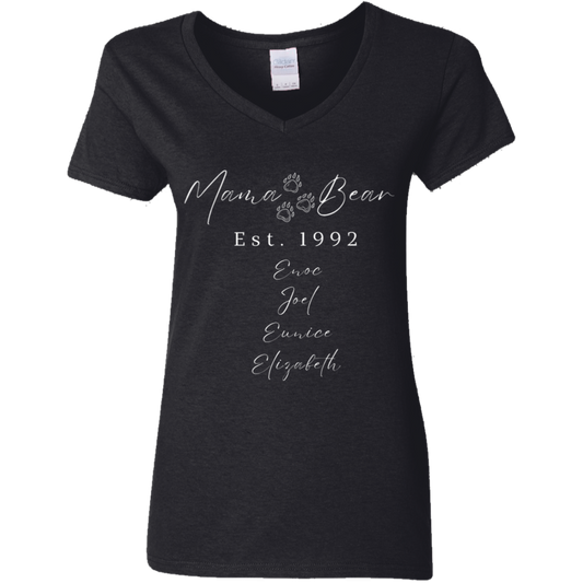 Mommy Mothers Day Shirt Personalized Mama Bear V-Neck Shirt- Mama Est. with Kids Name, Unforgettable (Perfect Mother's Day Gift)